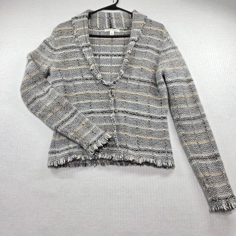 Banana Republic Gray Wool Angora Plaid Fringe Cardigan Jacket Size S Cozy Preppy